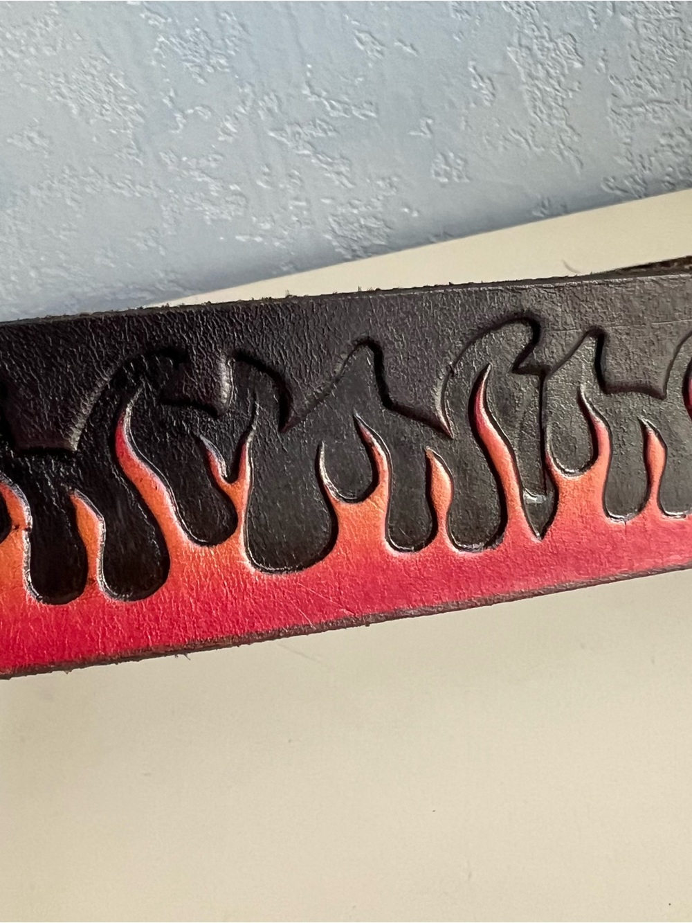 Y2K Flame Leather Belt Red Black Tooled Western Biker Belt Size 30 Made in USA - Picture 6 of 7